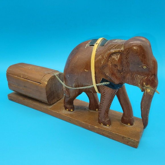 VINTAGE HAND CARVED ELEPHANT PULLING/WORKING TRUNK - Picture 2 of 8